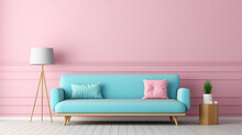 Bright Living Room Mock Up With Pink Sofa And Light Blue Cozy Sofa