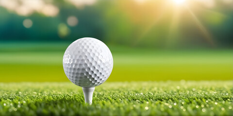 Close-up golf ball on tee with blur background.