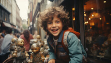 Vintage Polaroid Picture, 1996s 10 Years Old Child Looking Excited Trough Window From A Toy Store In London, Generative Ai.