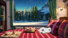 Adorable Cat Sleeping In A Camper Van Surrounded By Snow Covered Forest. Loop Animation Video For LoFi Music And Live Wallpaper