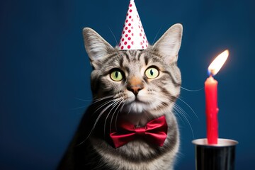 Canvas Print - Cat in party hat and bow tie standing in the air with birthday candle . Cat, celebrating its birthday,