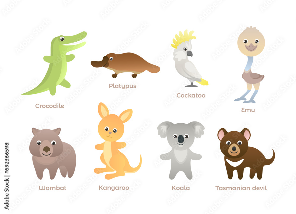 Cute australian animals set. Cartoon funny koala bear, ostrich emu ...