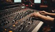 Close-up of dj hands working on mixing desk in recording studio