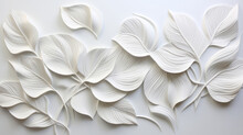 Leaves, Embroidered In Soft White. Delicate, Artistic And Nature-inspired Design For Fashion, Decor And Creative Expressions. On Textured Canvas With A Touch Of Botanical Elegance.
