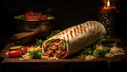 Canvas Print - Burritos with ground beef, refried beans and cheese on a wooden cutting board