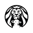 Lion and the lamb Christianity and Judaism. Png vector of a lion's head mascot with a lamb under it. Circular emblem could be used in religious artworks or as a logo for a school. Black and white icon