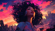Illustration of portrait of a young black afro american woman in bustling skyscraper city with sunset colors and hair blowing in the wind