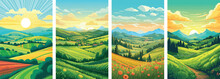 Banner Of Farm Landscape Set, Green Hill, Tree And Mountain, Vector Illustration, Landscape Background, Wallpaper, Poster, Spring