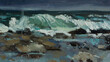 Sea wave oil painting. The original painting. Seascape in a storm. The concept of bad weather high waves. An artistic postcard,a layout for the design. Raging waves crash against the rocks. modern art