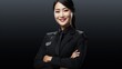 A Beautiful Asian flight attendant smiling with arms crossed looking at camera, side view, half body shot, isolated white background, PNG,