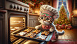 Culinary cat in a white chef's hat bakes Christmas gingerbread cookies in decorative shapes cat or kitten. Fresh Xmas pastries.