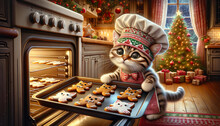 Culinary Cat In A White Chef's Hat Bakes Christmas Gingerbread Cookies In Decorative Shapes Cat Or Kitten. Fresh Xmas Pastries.