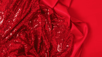 Fabric with sequins as a background. Glitter texture is the trend of the season. Sparkling color red. Abstract pattern wallpaper for the fashion industry.