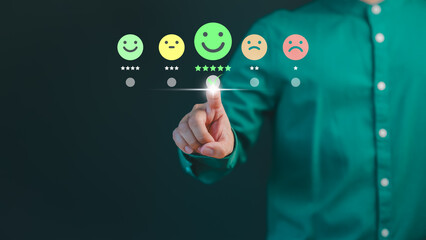 Poster - Customer hand touch virtual screen on happy smile face icon to give satisfaction in service. Online review concept of assessment testimonial customer service and feedback, Opinion rating very good.