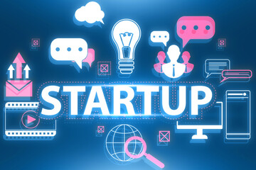 Leinwandbilder - Creative start up hologram on blue background. New business beginnings concept. 3D Rendering.