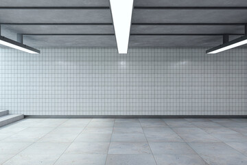 Poster - Light underground passage with ceiling lamps and stairs. Mock up place. Subway tile wall. 3D Rendering.