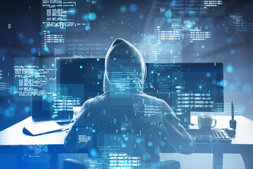 Wall Mural - Back view of hacker using laptop at desk with creative binary coding hologram on blurry background. Software programming code and hacking. Double exposure.