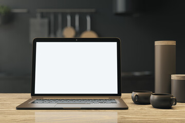 Poster - Laptop on wooden kitchen table with space for design mockup. 3D Rendering