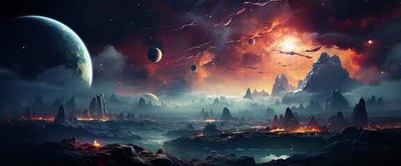 Wall Mural - Planets Over Nebulae Space , Background Banner HD