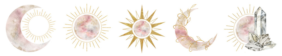 set of crescent moon, sun, floral elements. moon, sun and. isolated watercolor illustration on the t