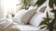 Close up Bed pillow detail element home interior contemporary bedroom with white soft bed pillow arrange bedroom in daylight house beautiful detail design background