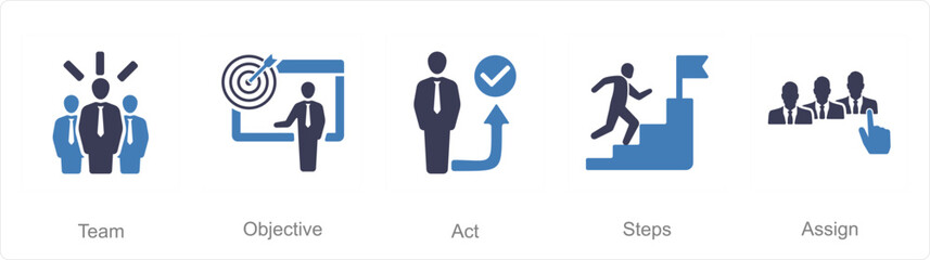 A set of 5 Action plan icons as team, objective, act