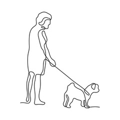 Wall Mural - Elderly woman walking with a dog continuous line vector illustration