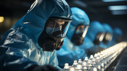 scientist in hazmat suit working in laboratory. research and development concept