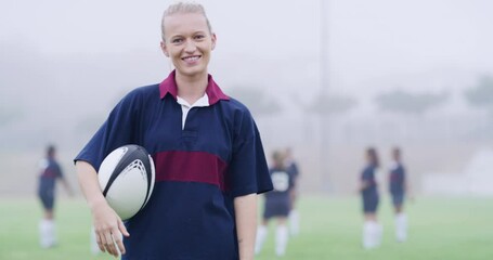 Sticker - Face, ball and rugby with woman, smile and field with fitness, exercise and training for a game. Portrait, person and player with fun, practice for a competition and healthy with wellness and workout