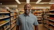 © Usman - A mature African American man who owned a grocery store with a tablet PC. Online accounting and sales analysis. He stands and openly smiles looking at the camera