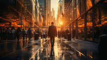 Blurred Businessman Walking In The City Telephoto Lens Morning Light , Generative Ai.