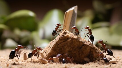 Poster - Ants are building a nest with a stick. Generative AI.