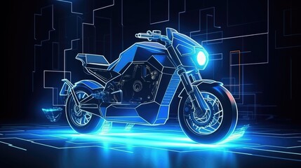 Electric motorcycle charger station digital technology. Vehicle charging low poly wireframe. Illustration in fantastic technology. Contactless charging concept