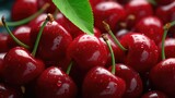 Fresh and sweet cherries background. Close up view