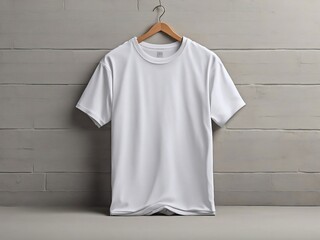 Wall Mural - White T-Shirt Mock-up on wooden hanger, front side view. High resolution.