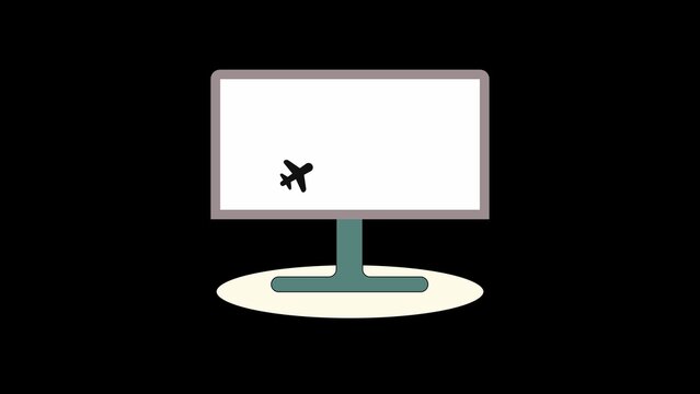 Computer monitor with a minimalist airplane icon on the screen icon on a black abstract background.