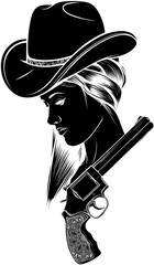 Poster - black silhouette of cowgirl and cowboy wearing hat and horse head black and white vector design