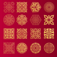 Wall Mural - Set of 16 islamic golden ornaments on red background in vector. Circular ornamental arabic symbols. Abstract Asian elements of the national pattern of the ancient nomads of the Kazakhs, Tatars, Kyrgyz