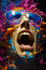 Wall Mural - Person with glasses and paint covered face with splash of paint.