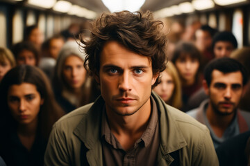 Poster - Man with serious look on his face in crowded subway car.