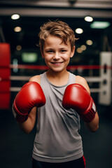 Sticker - Young boy wearing red boxing gloves in gym.