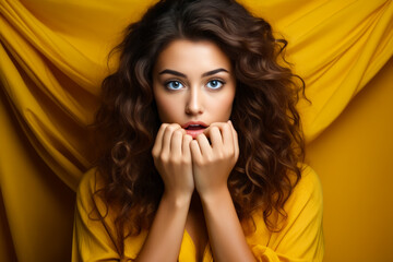 Wall Mural - Woman with long hair and blue eyes is posing for picture.