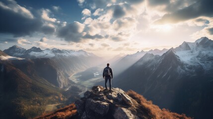 A man stands on top of a mountain and looks at a breathtaking panoramic view of the mountains. The concept of goals and achievements