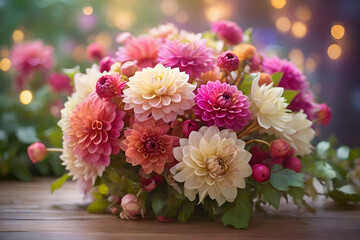 Wall Mural - bouquet of flowers with dahlia, Natural floral background with bokeh light