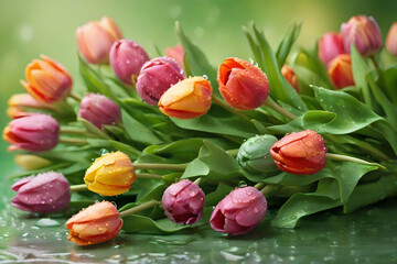 Wall Mural - multicolor tulips over blurred green background. fresh spring flowers with water drop