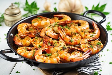 Wall Mural - Roasted peeled shrimps in pan on wooden background