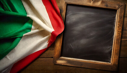 Wall Mural - Close-up an old Italian flag and an empty blackboard with wooden frame and copy space, on a wooden table or desk. Generative Ai.