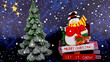 Santa Claus with text Merry Christmas and snowy fir tree