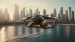 EVTOL Electric aircraft flying through skyscrapers over Dubai 3d rendering 3d rendering