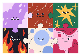 Poster - Cute faces, emotions, puzzle pieces characters. Funny jigsaw design with different expressions, happy and sad, various mood, feelings. Colored flat vector illustration isolated on white background